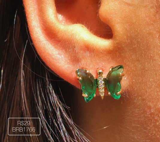 Brinco Borboleta Asa Vidro Verde Dourado